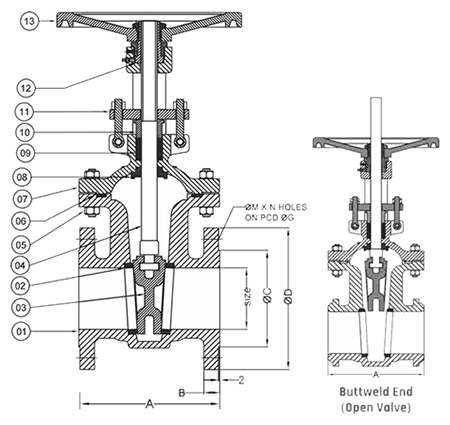 Gate Valve Diagram F/End 150/300/600 (Buttweld Ends)