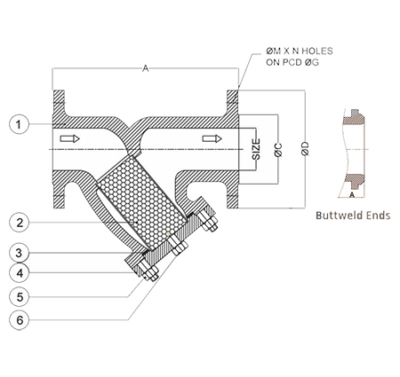 Stainer Y Type Buttweld Ends 150/300/600 Diagram