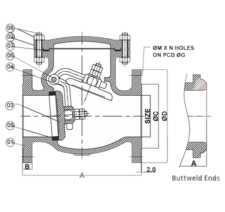 Swing Check Valve Diagram Flanged Ends / Buttweld Ends